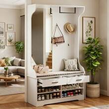 Set guardaroba, set guardaroba da ingresso con scarpiera aperta e specchio, 4 ganci appendiabiti, 1 asta appendiabiti, 2 cassetti, appendiabiti da ingresso (bianco, 104 x 35 x 180 cm) - Bianco - Visualizzare 1