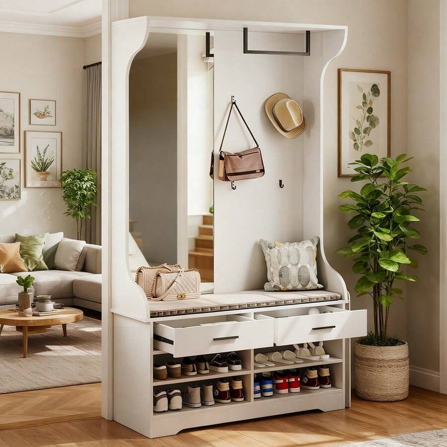 Set guardaroba, set guardaroba da ingresso con scarpiera aperta e specchio, 4 ganci appendiabiti, 1 asta appendiabiti, 2 cassetti, appendiabiti da ingresso (bianco, 104 x 35 x 180 cm) - Bianco - Visualizzare 1