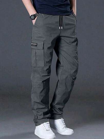 Plus Size Men's Loose Cargo Pants, Multi-Pocket Casual Workout Trousers For Daily Commute, Sports Training, Running, Outdoor, Fitness, Jogging, Streetwear, Relaxed Fit Straight Leg Pants For Winter