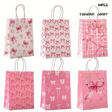 4/10/25个装粉色蝴蝶结主题派对礼品袋 - 优雅纸质礼品袋，带提手，适用于婚礼、新娘送礼会、生日及其他特殊场合，饰有粉色蝴蝶结、星星和几何图案 | 独特的蝴蝶结设计 | 结实耐用的提手包装袋，适用于新娘派对、情人节、婚礼派对 - 彩色 - 查看 11