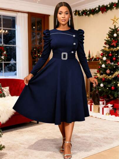 AOMEI Navy Blue Vintage Midi Dress With Puffed Sleeves, Silver Buttons & Rhinestone Belt – Round Neck, Flared Hem. Perfect For Office, Formal Events & Evening Gatherings.Chic Evening Dress Stylish Clothing Collection