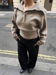 女士休闲复古高领修身长袖毛衣，灰色纯色落肩针织上衣，适合秋冬季节、日常通勤、商务休闲、外出以及返校、教师节等场合。 - 卡其色 - 查看 3