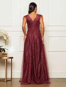 Grife Velasco Elegant Long Wedding/Party Dress With Ruffles, Glitter, And Short Sleeves, For Bridesmaids And Graduation. - Redwood - View 4