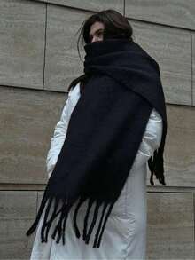 1 szt. Damski, jednokolorowy, swobodny, gruby, frędzlowany szalik kaszmirowy, ciepły szal, wielofunkcyjny ocieplacz na szyję, odpowiedni na jesień/zimę