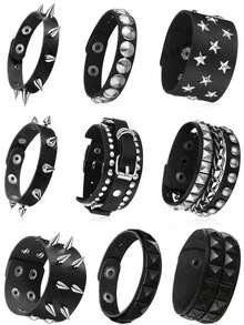 9/4/3/1 Pcs Punk Rivet Leather Bracelet Set - Handmade Rivet PU Leather Bracelet, 80s Emo Style PU Leather Bracelet, Unisex, Rivet PU Bracelet, Suitable For Party And Gifts - Black - View 15