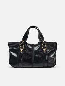 时尚复古酒红色手提包，女士托特包，大容量通勤百搭款，亮面皮革手提包，Y2K复古风格，可拆卸肩带 - 黑色 - 查看 2