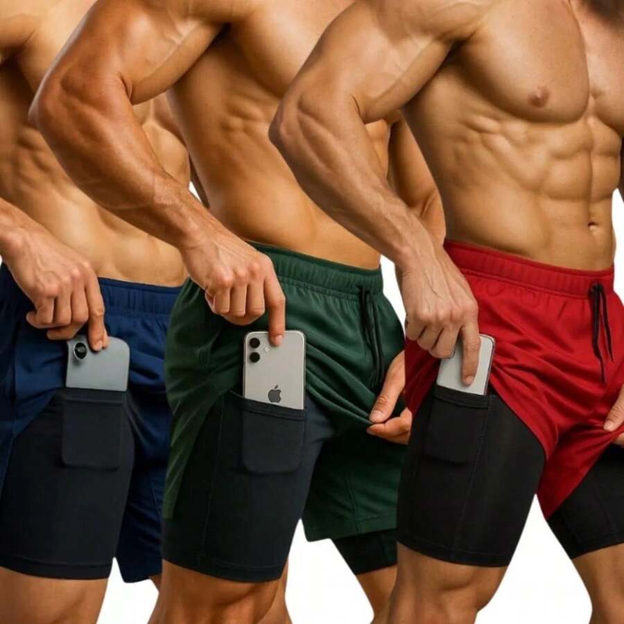 Set Of 3 Men's 2-In-1 DryFit Shorts For Running, Gym, Training, And Running With Cell Phone Pocket - KIT 3 Blue Green Red - View 1