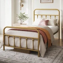Butterslay Vintage Industrial Metal Platform Bed Frame - 12 Iron Slats Support, 12.6'' Underbed Storage & High Headboard/Footboard, No Box Spring Needed, Twin/Queen/King/Full - 古董金 - 查看 3