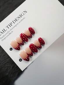 10pcs Handmade Almond-Shaped Red & White Polka Dot Cute Minimalist Elegant False Nails - Multicolor - View 1