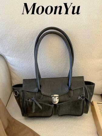 女士单肩手提包，时尚个性多口袋大容量梯形包，适合购物、通勤，黑色，适合女性、女孩、大学生