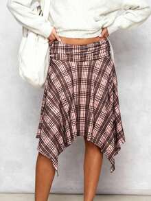 Faldas midi de verano para mujer, informales, elegantes, con estampado a cuadros, asimétricas, para playa, vacaciones, citas, ropa de calle. - Multicolor - Ver 3