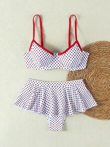 SwimNova Women's 2 Pieces Bikini Set, White Base With Red Polka Dot Skirt, Elegant And Casual, Suitable For Summer Beach Vacation Party - Multicolor - View 2