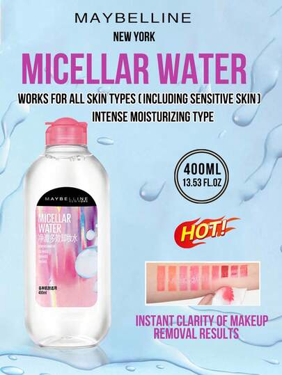 Maybelline MICELLAR WATER Intense Moisturizing Type for All Skin Types(Including Sensitive Skin) 95/400ml, Instant Makeup Removal, Active Micelles 3-IN-1, No Second Cleanse, Efficient Cleansing Moisturizing Non-Tight, for Senforming, Alholtive SFrance S. Oil-Free, Gentle with Soothing Hydration, 3-Step Easy Use Mini Full Size Cost-Effective Daily Cleansing