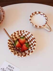 1pc Rose Striped Ceramic Bowl, Hand-Painted Checkerboard Pattern, Elegant And Refined, Suitable For Home Daily Tableware, Restaurant And Cafe Ice Cream Bowls, Gifts, Housewarming Presents, Holiday Decor - Multicolor - View 12