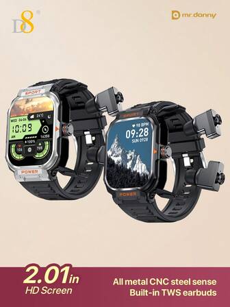  D8 Smartklocka med avtagbara TWS-hörlurar | 2,01" HD-pekskärm, snygg ny design för kvinnor | TWS-headset + inbyggd högtalare + inspelningsmikrofon, samtalsmottagning/ringning | Robust hölje för utomhusbruk