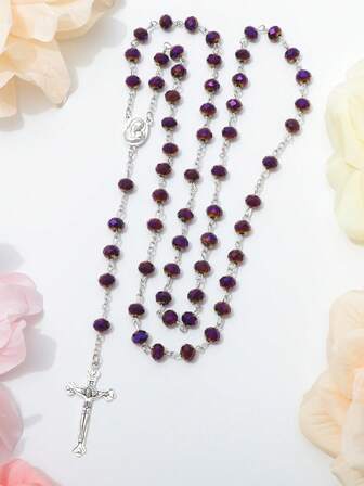 1pc Fashionable Crystal Cross Rosary Necklace, Suitable For Women's Daily And Date Wear