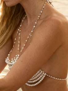 Pearl Body Chain Chest Jewelry Halter Neck Adjustable Body Chain Bra For Women For Beach Party Club - trắng - Xem 8