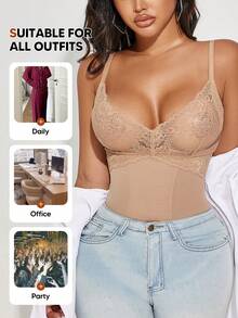 女士蕾丝拼接吊带塑身背心，收腹提臀，无缝塑形内衣，可作内搭或叠穿 - 杏色 - 查看 4