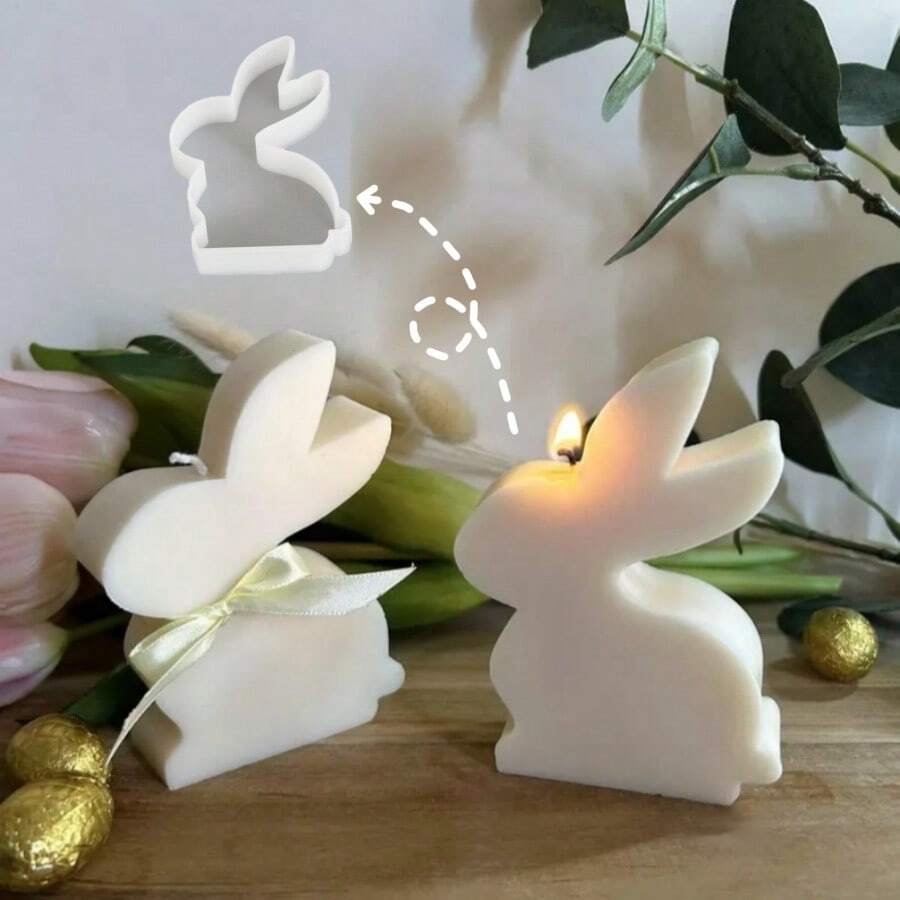 Molde para estatueta de coelho da Páscoa, molde para vela DIY, molde para decoração de casa, molde para fundição de resina, molde de silicone para cera derretida de coelho de orelhas compridas sentado/em pé. - Branco - Ver 1