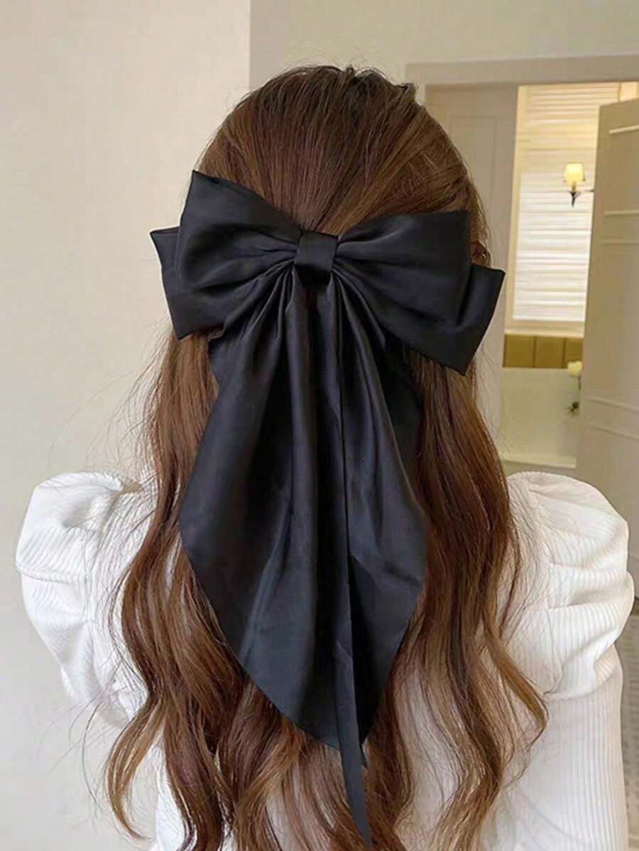 1 pieza Pinza de pelo con lazo de satén de diseño de cinta extra grande, accesorio de pelo elegante y sencillo para mujeres y niñas, para uso diario, boda, fiesta, lavable e hipoalergénico, regalo para mamá y amigas - Negro - Ver 1