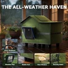 Heated Cat Shelter For Outside, Large Outdoor Cat House With Roof Window And Cozy Cushion, Weatherproof Foldable And Easy Assembly Design, Ideal For Stray And  Cats - màu xanh lá - Xem 4