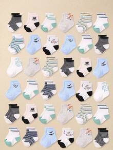12 Pairs Of Baby Boys' Stretch Casual Mid-Calf Socks, Suitable For Baby Boys Aged 0-3. They Feature Dinosaur And Stripe Patterns, And Are Comfortable And Sweat-Absorbent.Baby Socks , Newborn Socks ,Toddler Socks - Multicolor - View 1