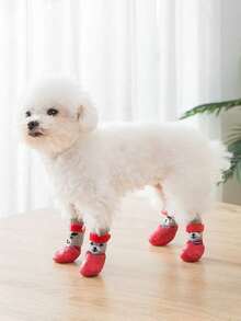 4pcs/Set Dog Cat Waterproof Shoes Socks, Pet Winter Warm Boots, Dog Shoes For Rainy Snowy Days, Small Dog Anti-Slip Anti-Dirty Breathable Puppy Shoes, Red