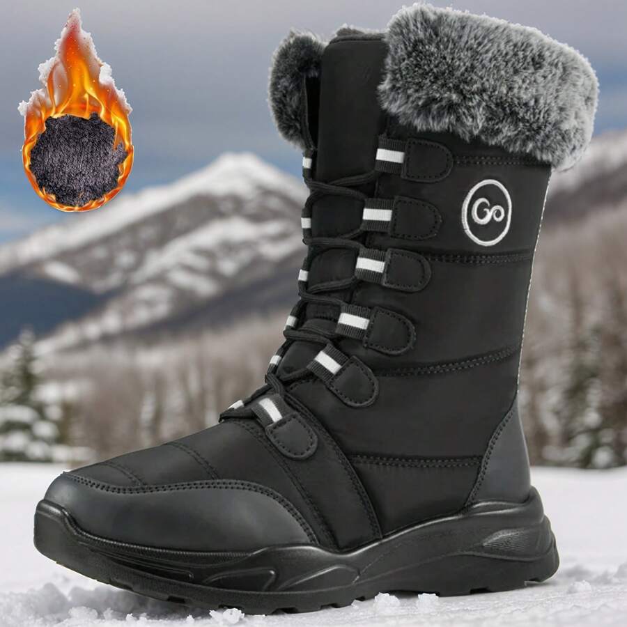 Black Snow Boots For Women Winter 2025: Warm Plush Collar Ankle Boots Waterproof Insulated Non Slip Boots Outdoor-Comfort Mid Calf Boots With Lace Up Design.Outdoor Waterproof Hiking Walking Platform Shoes, Lightweight Thermal Winter Keep Warm Boots - màu đen - Xem 1