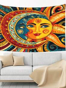 Vintage Sun Face Tapestry Wall Hanging - & 40x60 Inch Polyester Art Decor - 黑色 - 查看 3