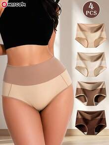 4pcs Women's Melaed Color High Waist Cotton Briefs, Elastic & Breathable
