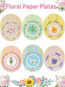 10pcs/60pcs/120pcs Floral Paper Plates Tea Party Plates Spring Flower Tea Party Dessert Okates 7 Inch Disposable Floral Plates Decorations For Afternoon Tea Party, Baby Shower, Bridal Shower, Birthday, Wedding And Any Celebration - Multicolor - View 1
