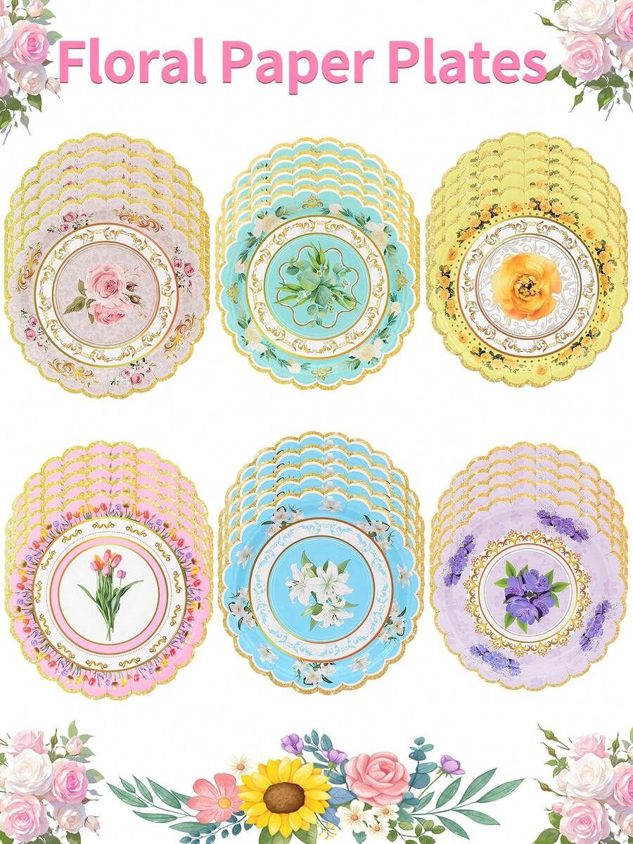 10pcs/60pcs/120pcs Floral Paper Plates Tea Party Plates Spring Flower Tea Party Dessert Okates 7 Inch Disposable Floral Plates Decorations For Afternoon Tea Party, Baby Shower, Bridal Shower, Birthday, Wedding And Any Celebration - Multicolor - View 1