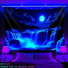 1pc Moon Waterfall Blue - Glowing Under UV Black Light Tapestry Oversized Fluorescence Tapestry Polyester, Room, Dorm, Living Room, Home Furnishings, Party Decorations, Free Installation Package, No Electricity Needed - Blue - View 15