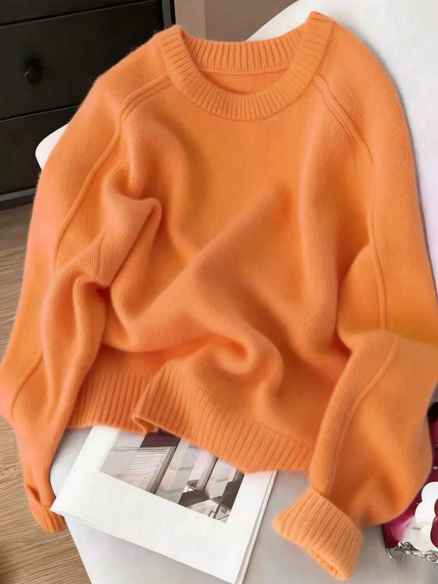 Women's Solid Color Raglan Sleeve Casual Soft & Cozy Knit Sweater, Autumn/Winter - Bright Orange - View 1