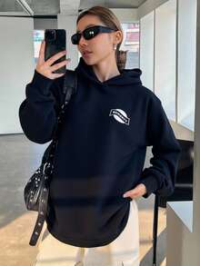 Livesso 秋季新款女士休闲宽松抓绒卫衣，长袖连帽衫，秋季女装 - 藍色 - 查看 6