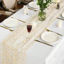 Beige Gold Gauze Table Runner 120 Inch 10FT, Glitter Metallic Foil Sheer Dining Wedding Anniversary Holiday Birthday Table Decor For Home Party,28inchx120inch,BeigeGold - 米金色 - 查看 5