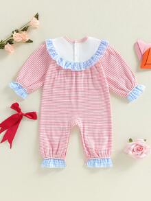Mono para niña, manga larga, cuello redondo, rayas, bordado, lazo, corazón, ropa informal - Rojo - Ver 7