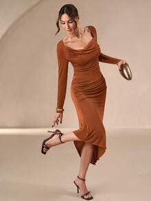 女士长袖喇叭裙 女士长袖新年婚礼 - 棕色 - 查看 1