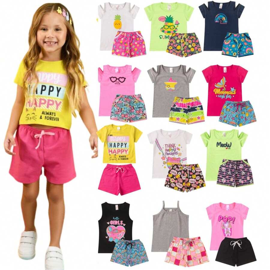 Kit 8 Peças de Roupa Infantil Menina Feminino Verão 1 ao 16 com 4 Blusas + 4 Shorts