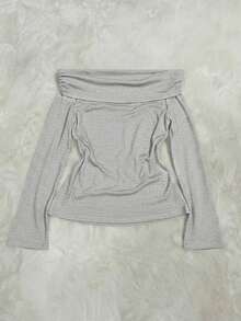 Women's Solid Color Y2K Off Shoulder Long Sleeve Fashionable Top - Light Grey - View 2