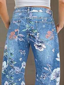 Quần jeans nữ denim dáng rộng cạp trung màu xanh nhạt phối họa tiết hoa – Món đồ không thể thiếu cho những buổi đi chơi hàng ngày, kỳ nghỉ và các hoạt động ngoài trời. - Rửa nhẹ - Xem 5