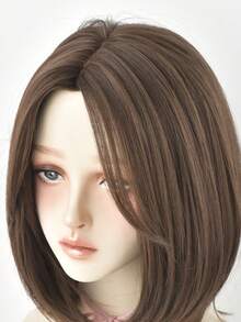 7JHH WIGS Peluca de cabello sintético resistente al calor de longitud de hombros con flequillo de cortina y raya al medio, color marrón, para uso diario y de fiesta, de 16 pulgadas - Marrón - Ver 7