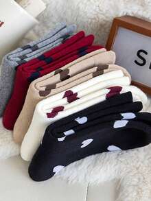 3双加厚保暖爱心图案中筒袜，女士款，柔软舒适，适合秋冬季节，颜色随机。 - 彩色 - 查看 9