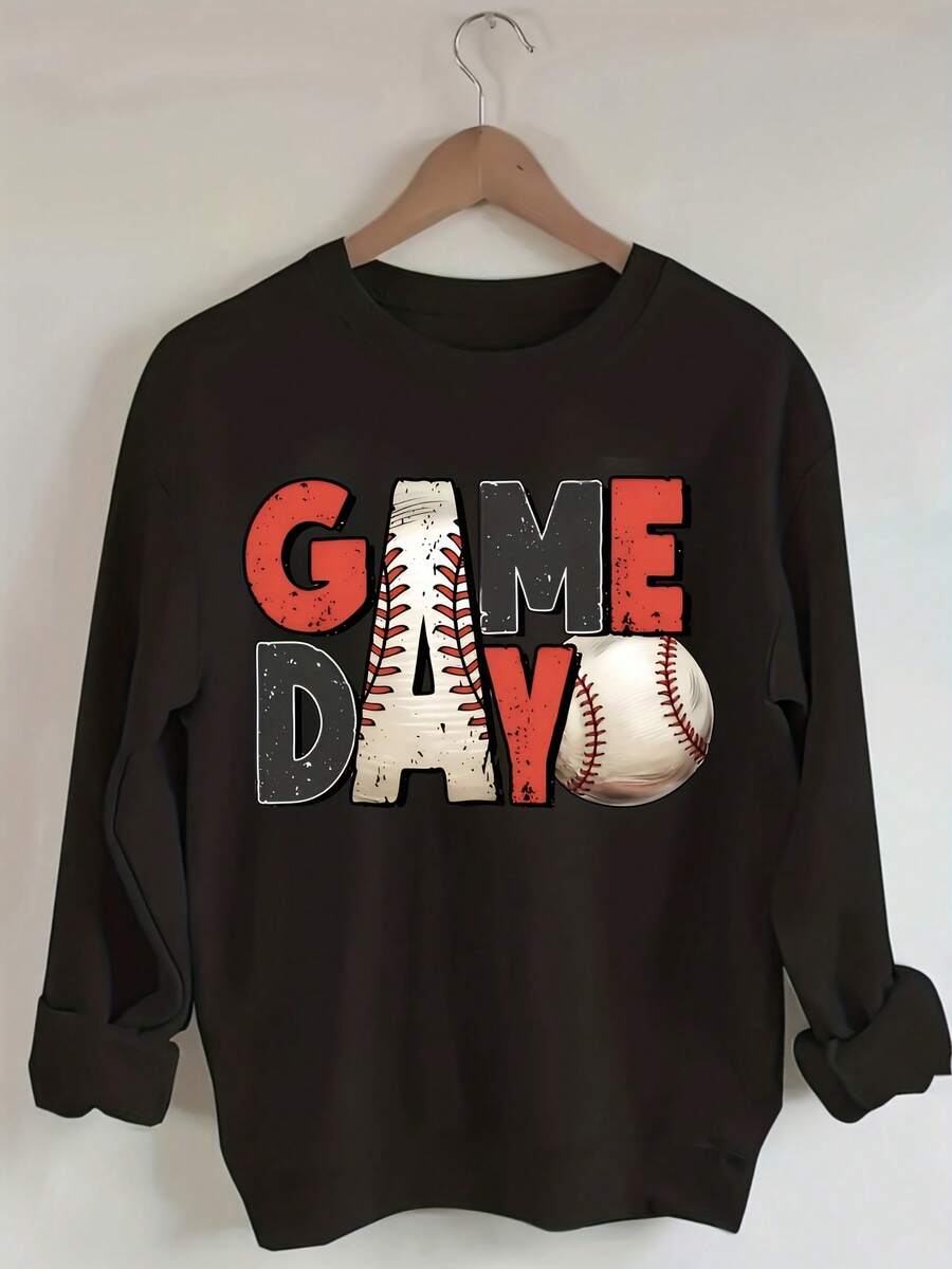 Women'S Baseball Game Day Hoodie -  Beige Pullover With Stitched "GAME DAY" Lettering & Baseball Graphic, Casual Y Sweatshirt For Events, Team Spirit Apparel, All-Season Fit For Baseball Fans - màu đen - Xem 1