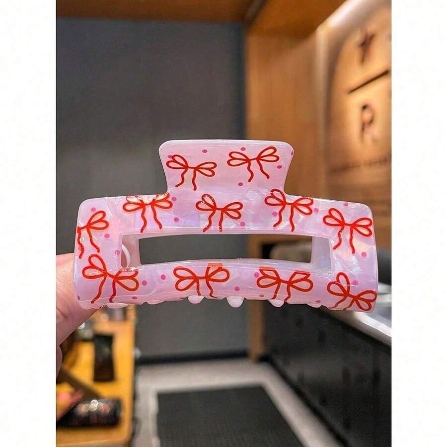 1Pc Elegant, Playful And Cute Pink Bow Print Hair Clip, Fashionable Hair Accessory, Fashionable Hair Clip. Fashion Claw Clips Winter Hair Clutch - 粉色 - 查看 1