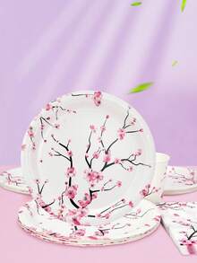10pcs/20pcs/50pcs/80pcs Set Cherry Blossom Party Supplies, Including Plates, Cups, Napkins, Spring Floral Tabletop Decor, Suitable For Birthday, Bridal Shower - Multicolor - View 5