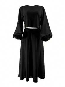 2025新款优雅A字连衣裙，纯色女式上衣和吊带连衣裙两件套，秋冬黑色春季款 - 黑色 - 查看 5