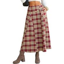 - Falda larga de franela a cuadros para mujer, cintura alta, acampanada, plisada, estilo casual, clsico, oficina, con bolsillos - Tartán rojo vino + G - Ver 1