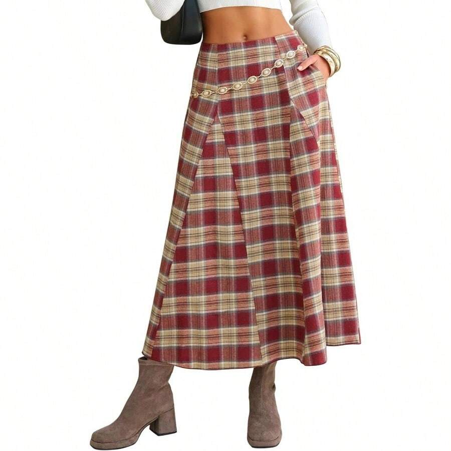- Falda larga de franela a cuadros para mujer, cintura alta, acampanada, plisada, estilo casual, clsico, oficina, con bolsillos - Tartán rojo vino + G - Ver 1