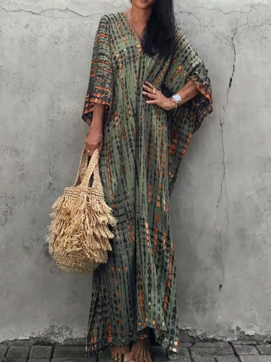 时尚优雅的数码复古印花V领休闲连衣裙，适合女士度假春季穿着。 - 綠色 - 查看 1